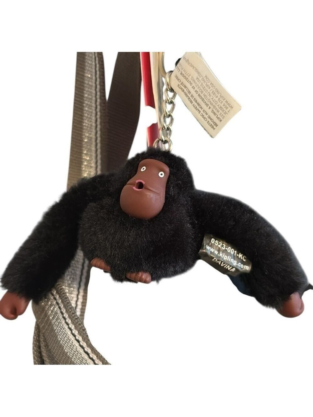 Kipling Crossbody Bag Silver Stripe Strap Multi Pocket Monkey Keychain Black New - Picture 4 of 9